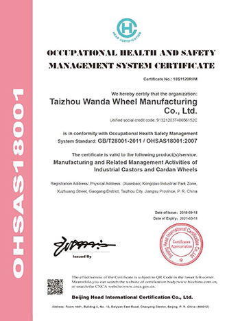 Wanda has received the OHSAS 18001 certification